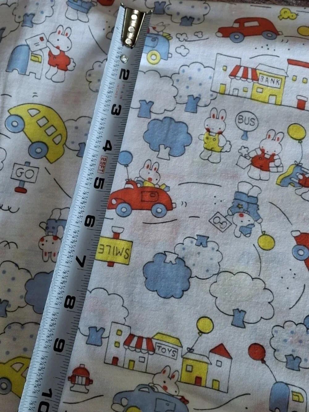 Vtg Knit Fabric Stretch Material - Blue Red Yellow Boy Bunnies Cars 1.25yd x 56